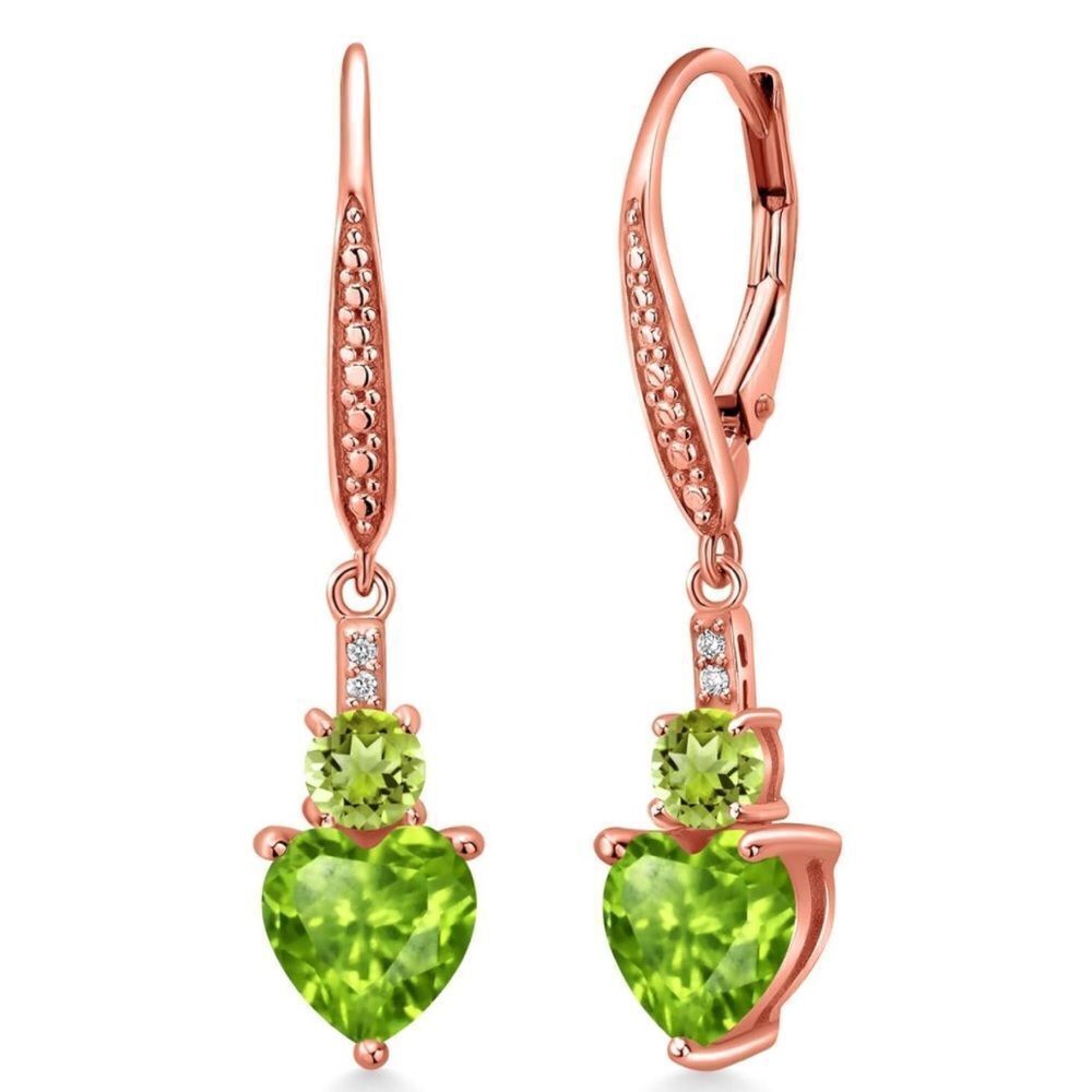 18K Rose Gold with 3.03 Cttw Green Peridot and White Diamond Heart Drop Earrings
